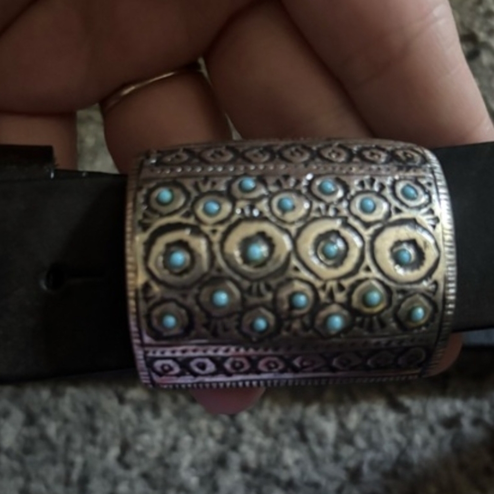 Nordstrom Black Leather Belt with Turquoise Accents